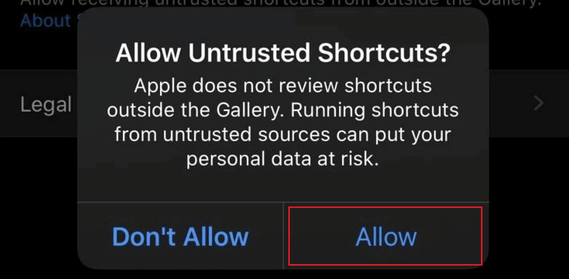 Allow the Allow Untrusted Shortcuts under Settings - Shortcuts on your device | How to Install APK File on iPhone
