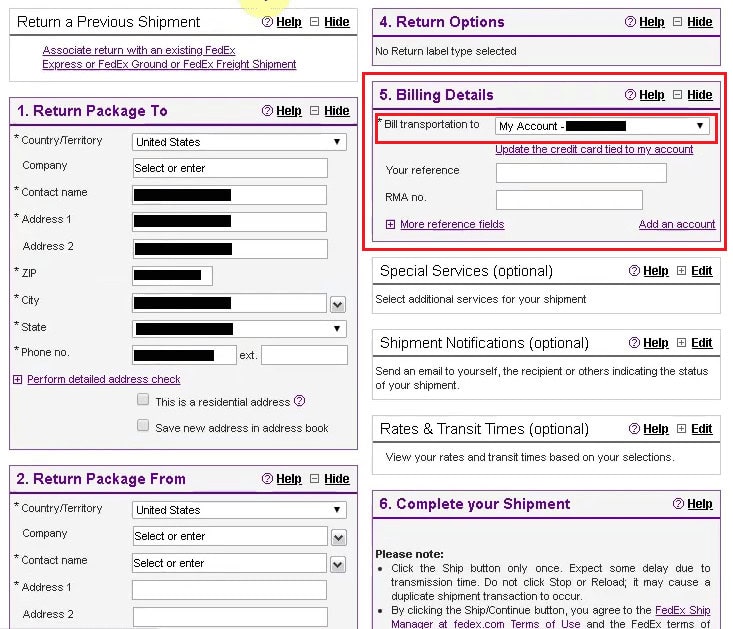 Bill transportation to drop-down option in Billing Details section - -digit FedEx account number