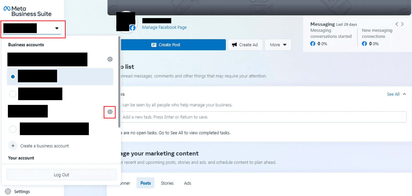 Business account name - Settings gear icon next to the desired FB Business account