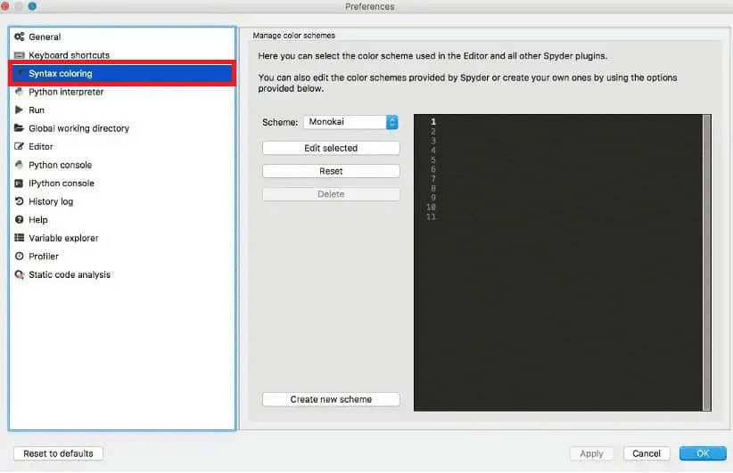 Click on the Syntax coloring option from the left pane