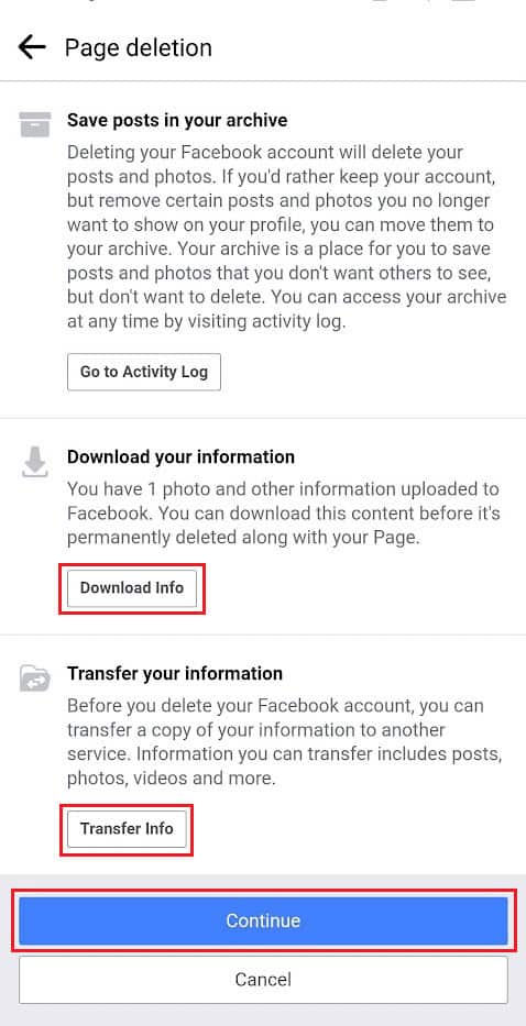 Continue - Download Info or Transfer Info - Continue