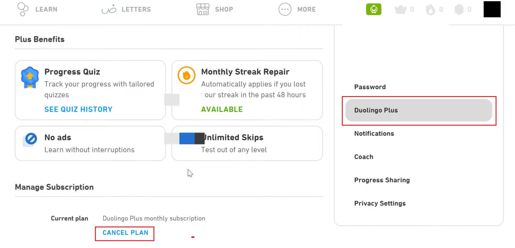 Duolingo Plus - CANCEL PLAN
