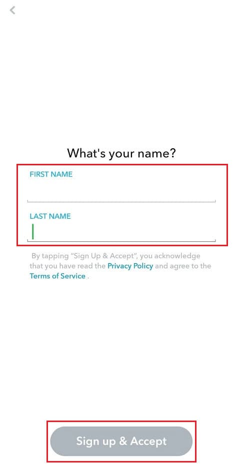 Enter your first and last names and tap on Sign up & Accept | How to Remove Phone Number from Snapchat