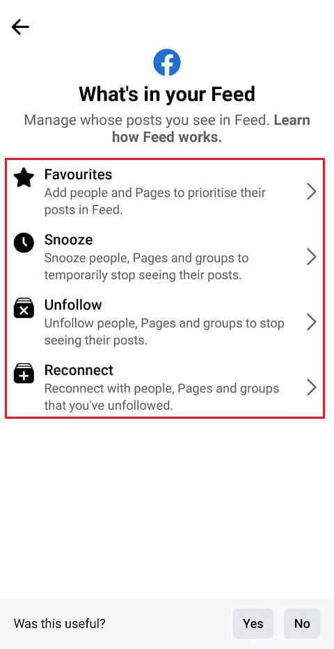 Favourites - Unfollow - Reconnect - Snooze