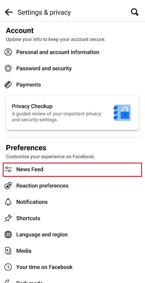 From the Preferences section, tap on News Feed