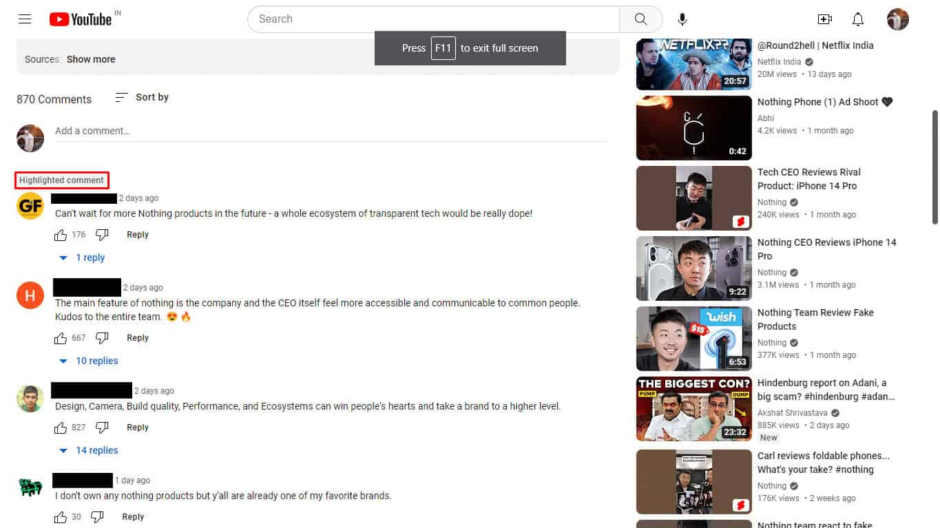 Highlighted comment Youtube