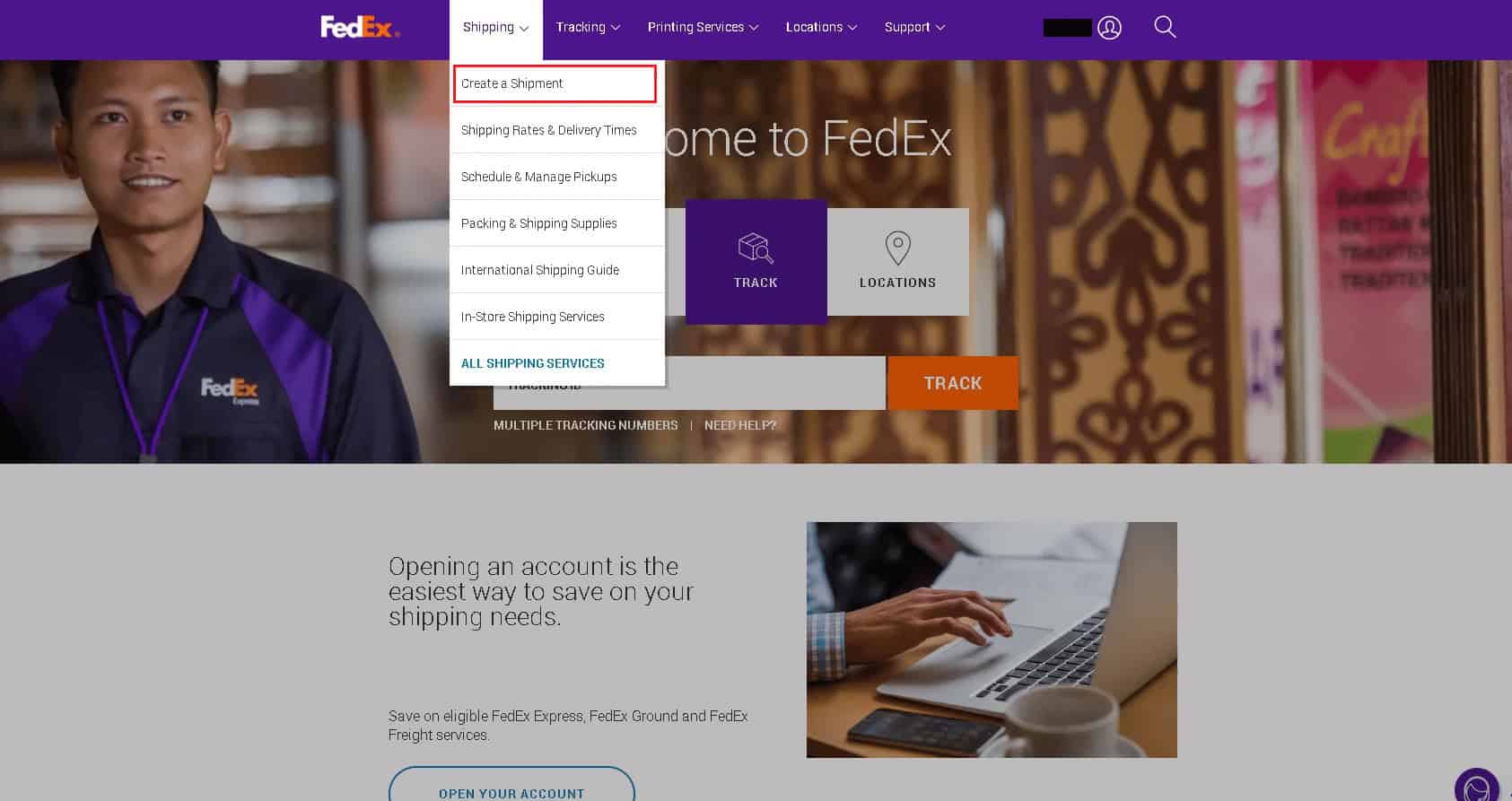 Hover the mouse pointer over the Shipping tab and click on Create a Shipment
