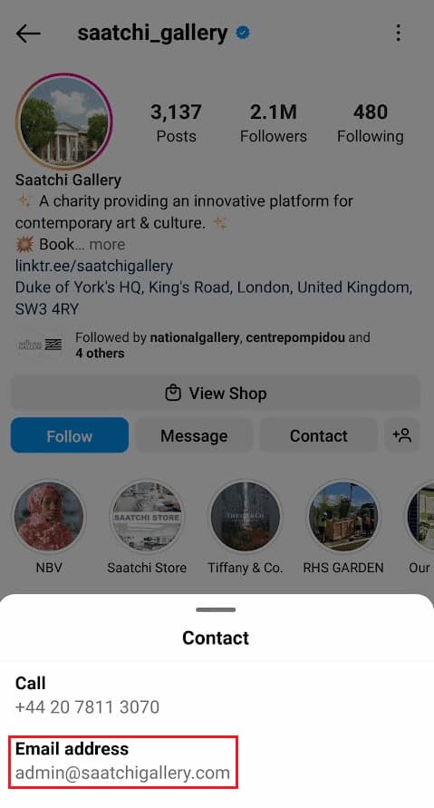 Locate the&nbsp;Email address from the Contact popup menu | How to Find Email Associated with Instagram Account