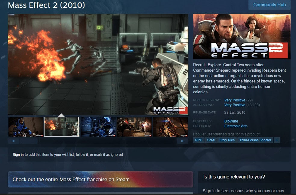 Mass Effect 2 steam page. MMORPG meaning