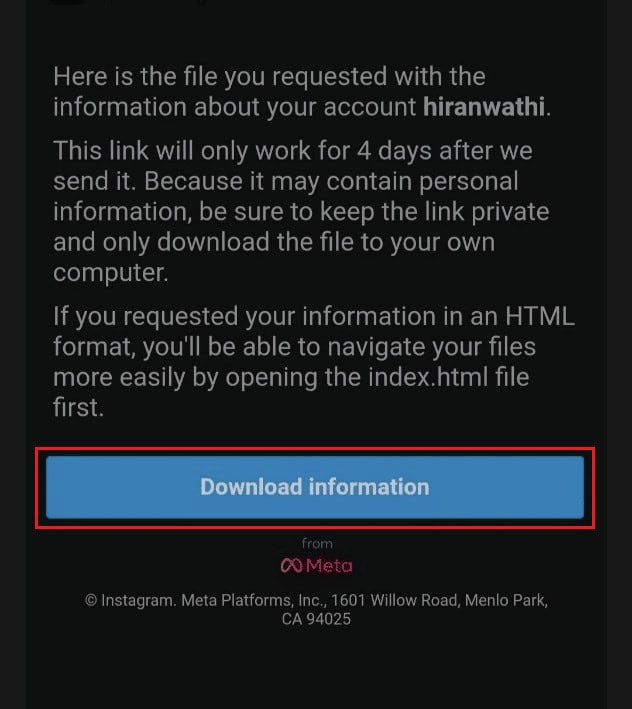 Open the received mail with your IG data file and tap on Download information | backup my Instagram chats