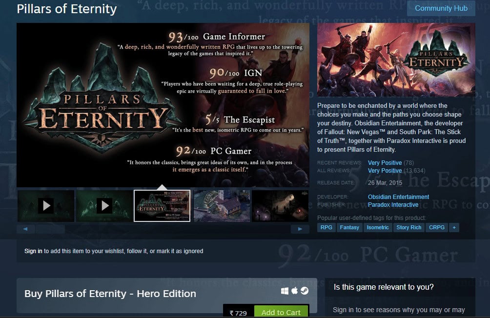 Pillars of Eternity steam page