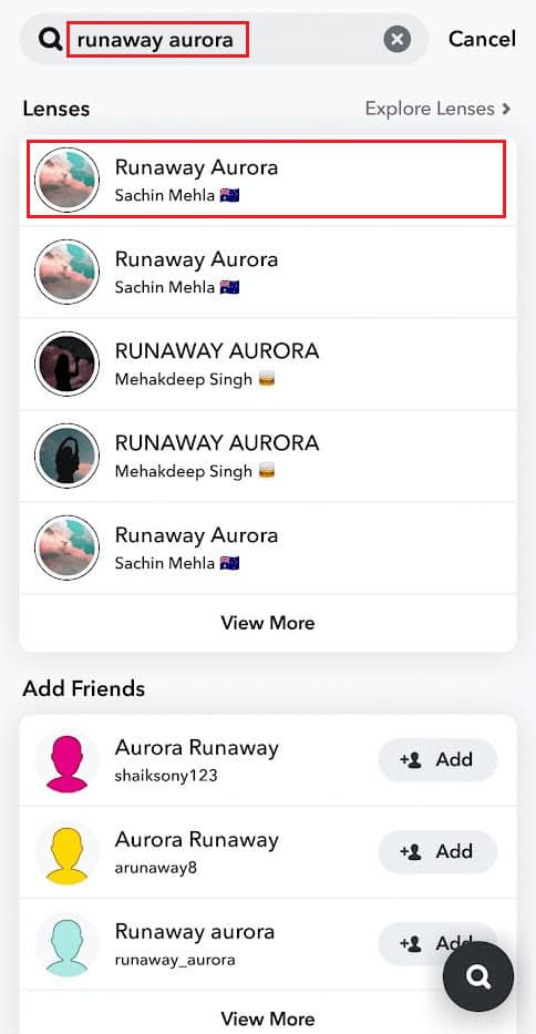 Search for Runaway Aurora and tap on the top lens from the search results