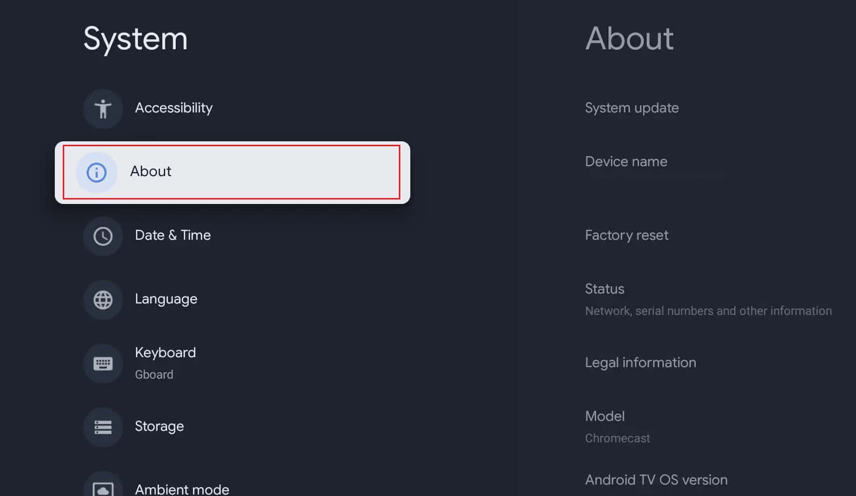 Select the About option