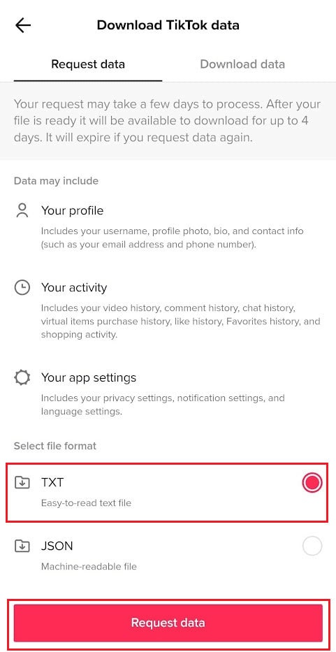 Select the TXT file format and tap on Request data