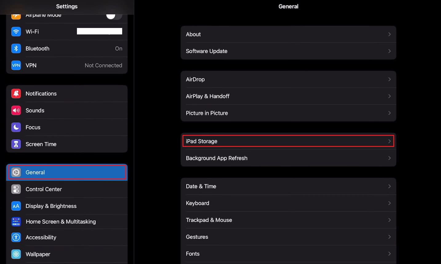 Settings - General - iPad Storage