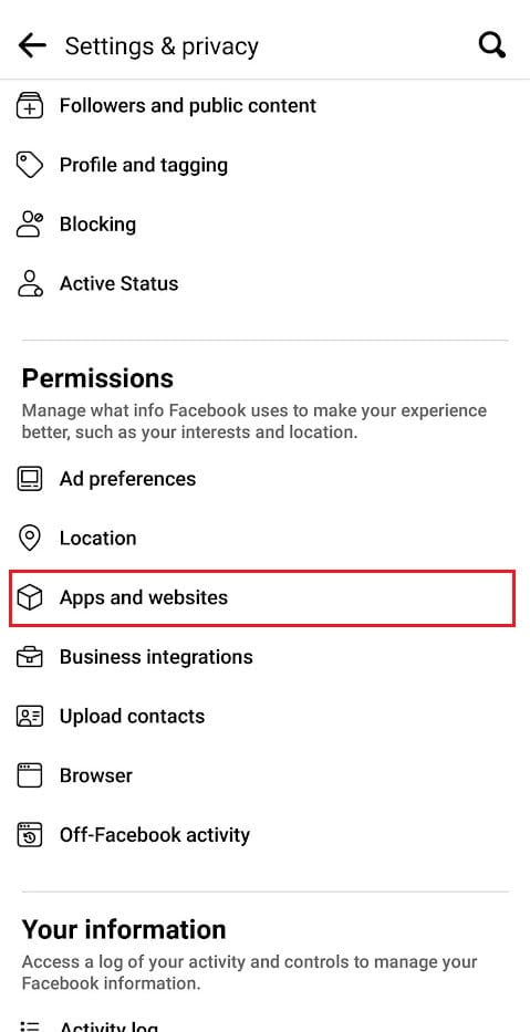 Tap on Apps and website under Permissions | How to Unlink Facebook from Call of Duty Mobile