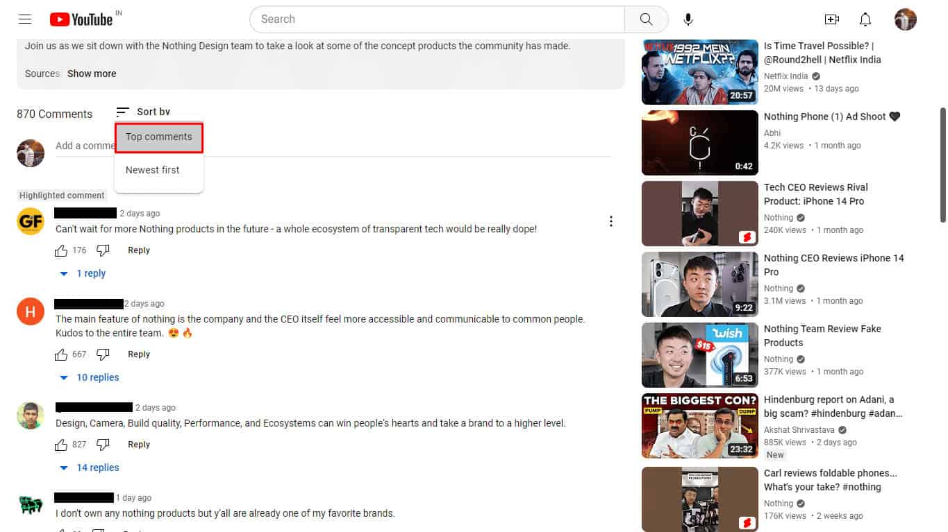 Top Comments highlighted youtube
