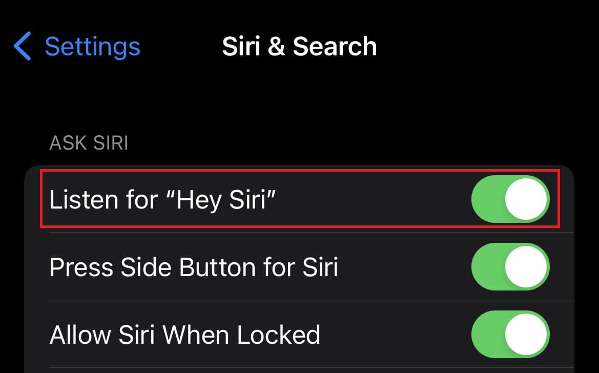 Turn on the toggle for the&nbsp;Listen for “Hey Siri” option | How to Fix Can’t Find App on iPhone