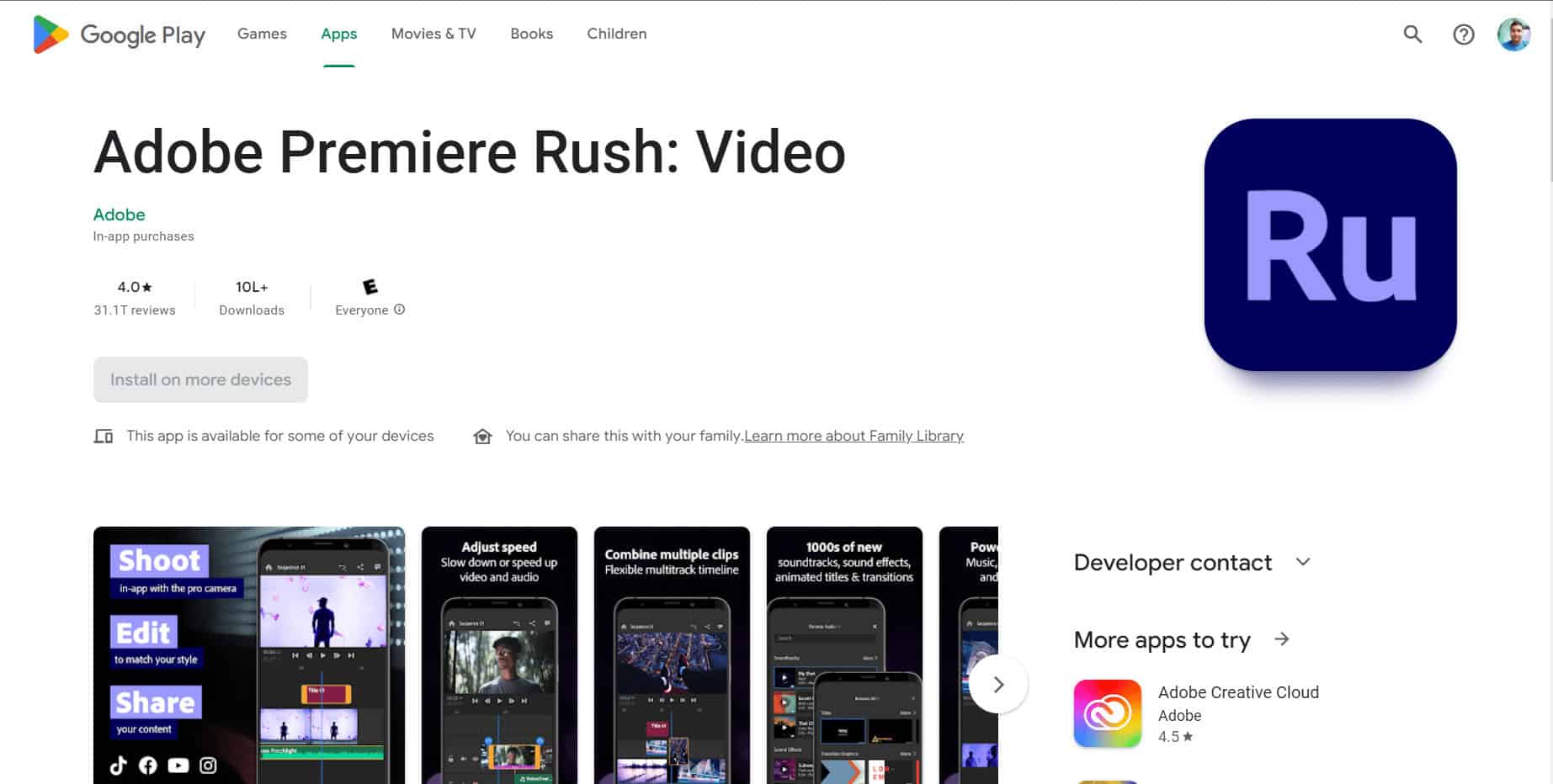 Adobe Premiere Rush Install Page