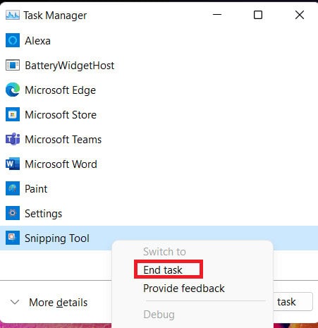 end task. 9 Ways to Fix Snip and Sketch Not Working on Windows 10 and 11