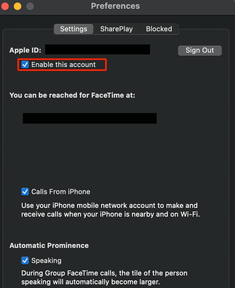 check enable this account option | FaceTime video not working on Mac