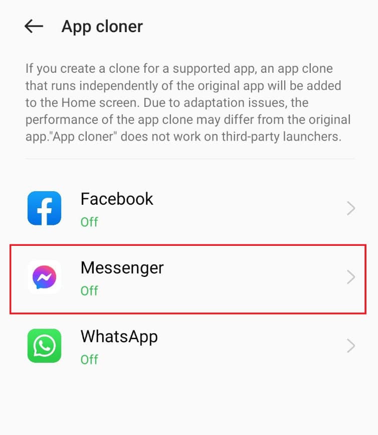 Choosing the Messenger App to be cloned