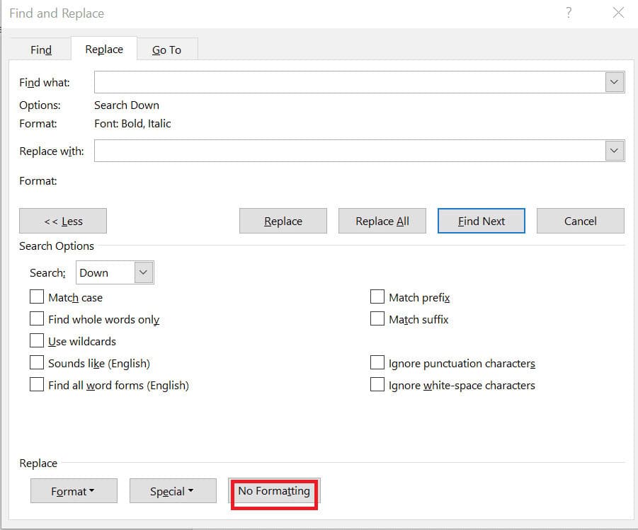 Click No Formatting at the bottom of the dialog box