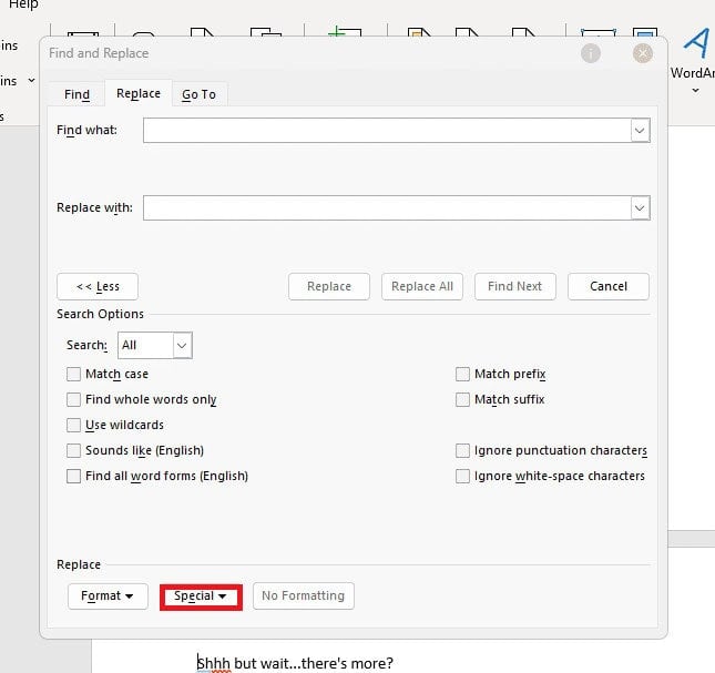 Click on a Special tab to bring up a list of options on the screen.