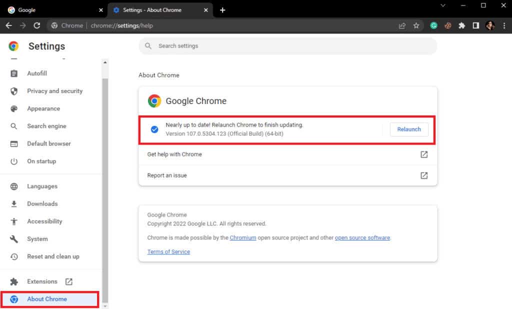 Click on About Chrome