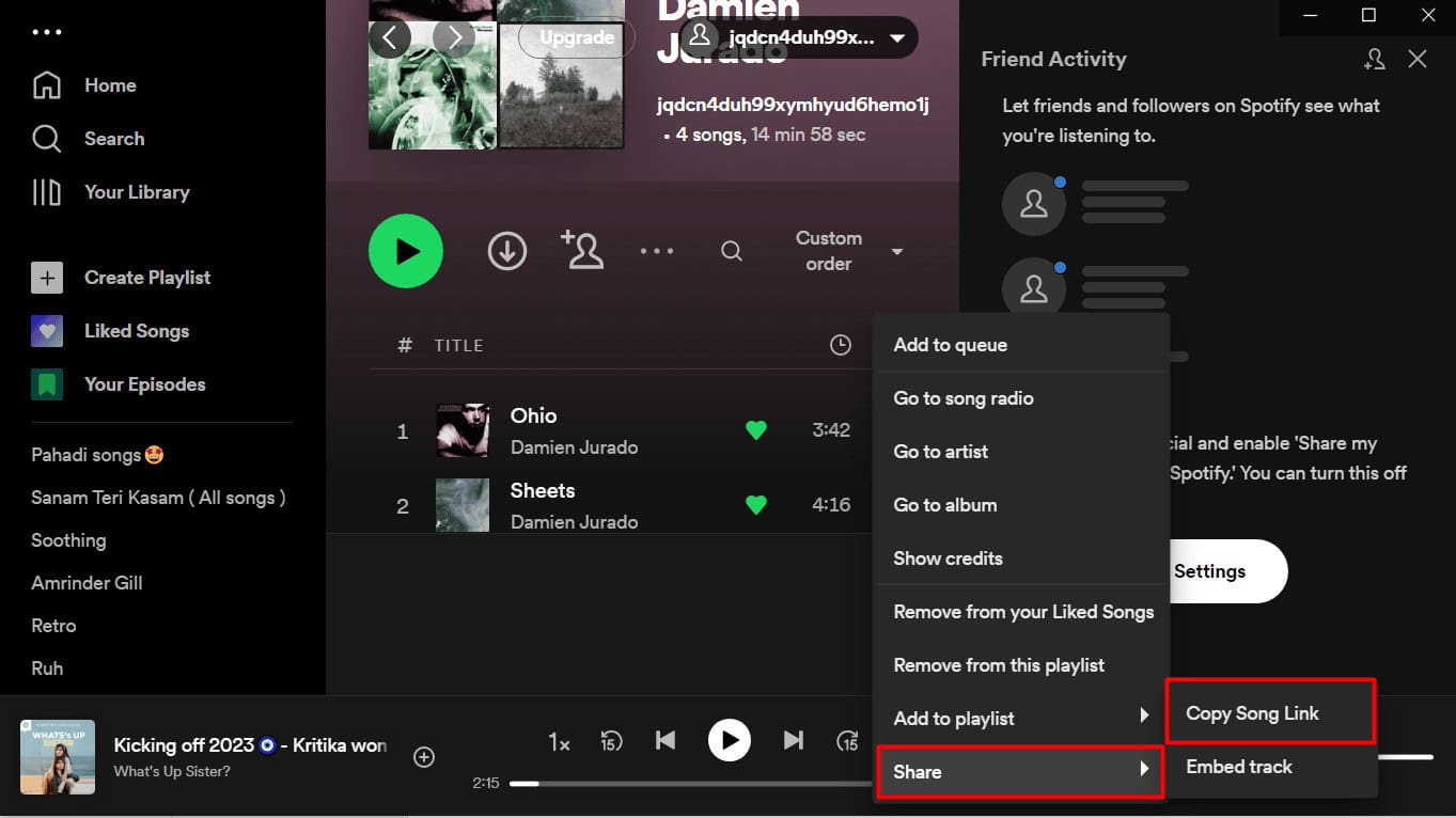 Click on Share followed by Copy Song link on spotify | Spotify slow down songs
