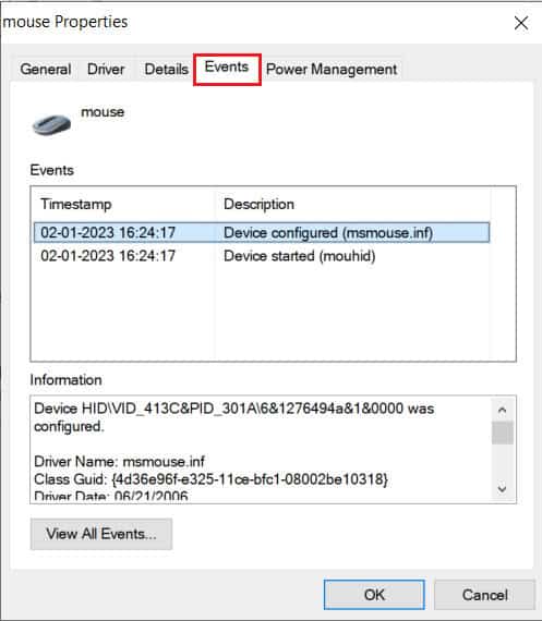 click on the Events tab at the top | How to Fix Magic Mouse Not Connecting on Windows 10