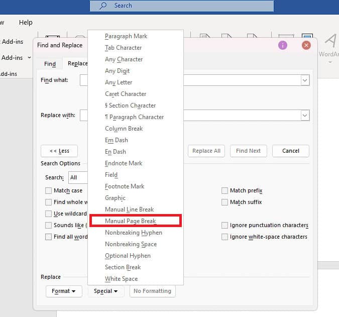 click on the Manual Page Break.