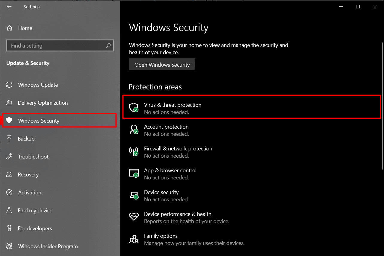 click on windows security followed by virus and threat protection