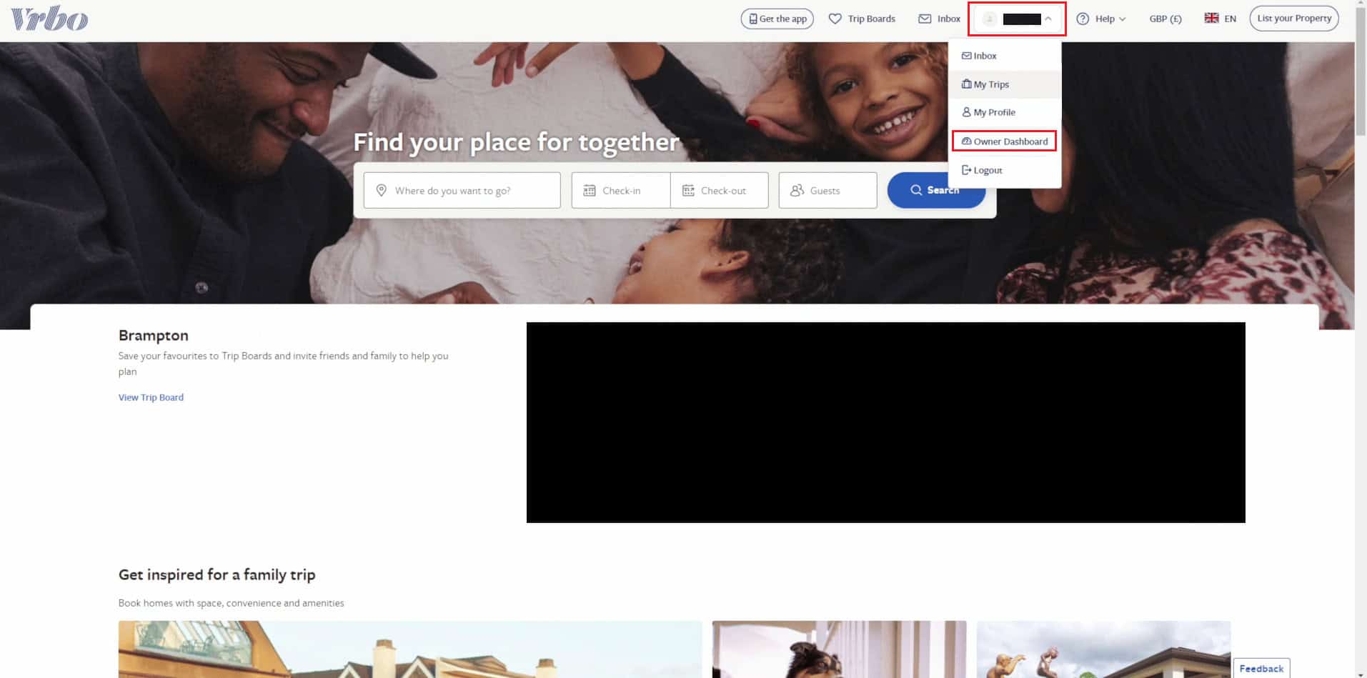 click on your Profile name - Owner Dashboard | VRBO customer service