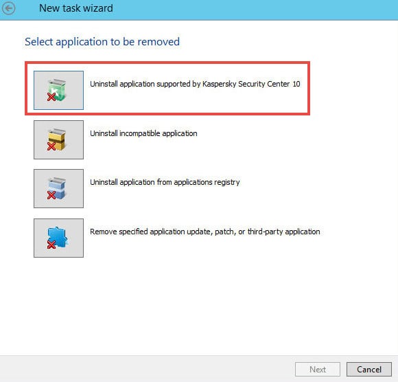Click Uninstall the application supported by Kaspersky Security Center 10