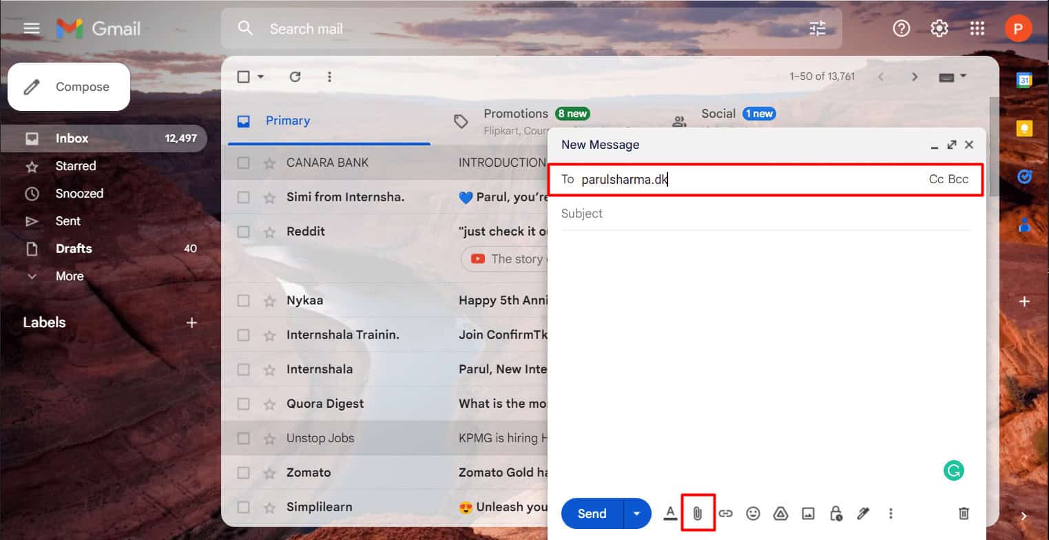 Enter your email address in Recipients and click on the Attach files icon