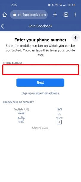 Enter your phone number to register to Messenger and tap on the Next button. 