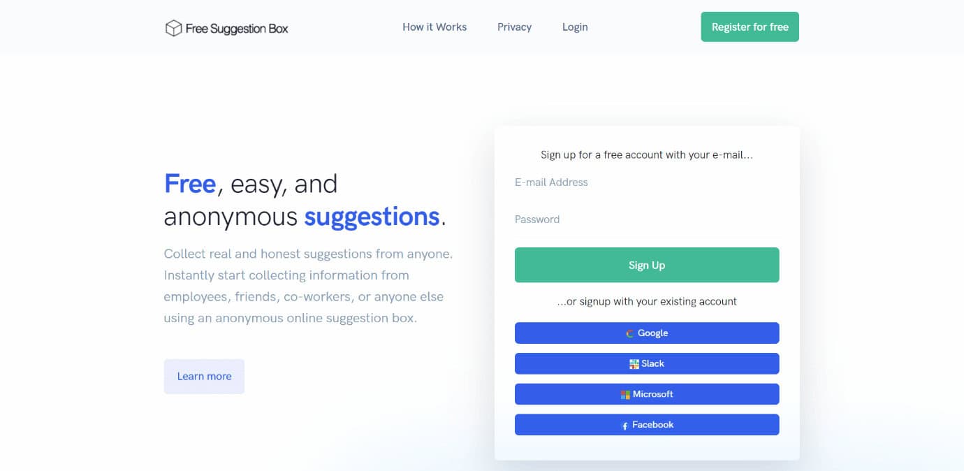 Free Suggestion Box homepage | best free anonymous feedback tool online