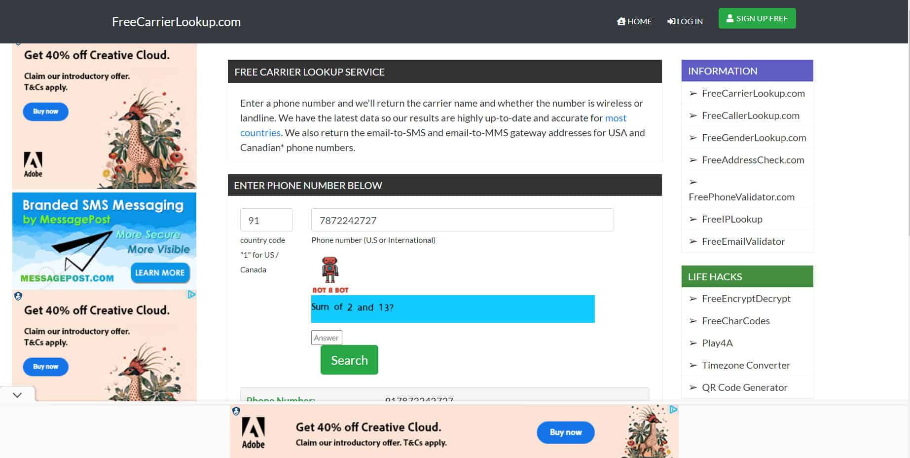 FreeCarrierLookup Website