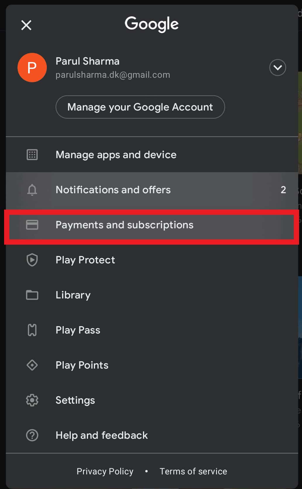go to payments and subscriptions