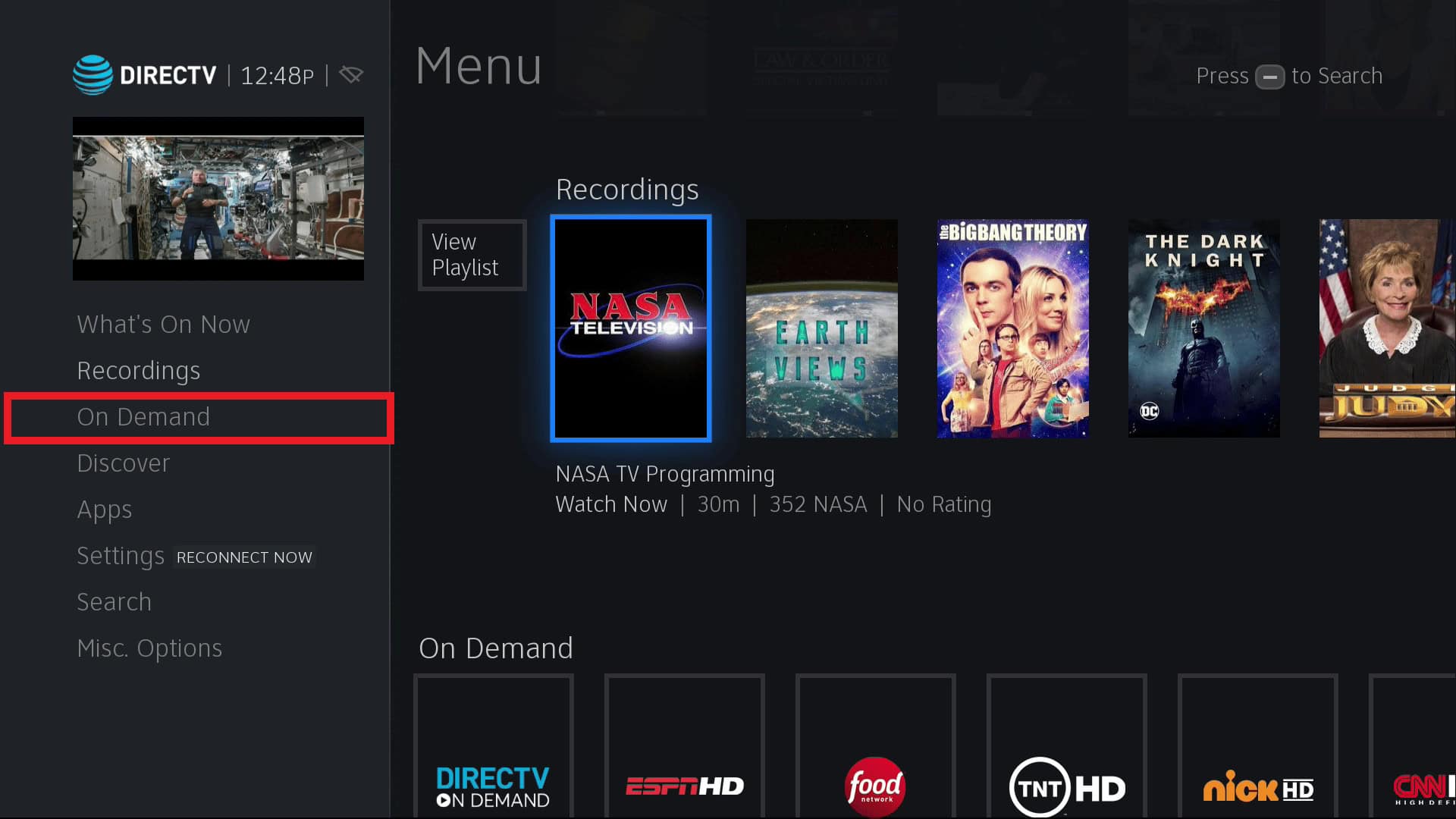 Go to the Menu page and select On Demand directv