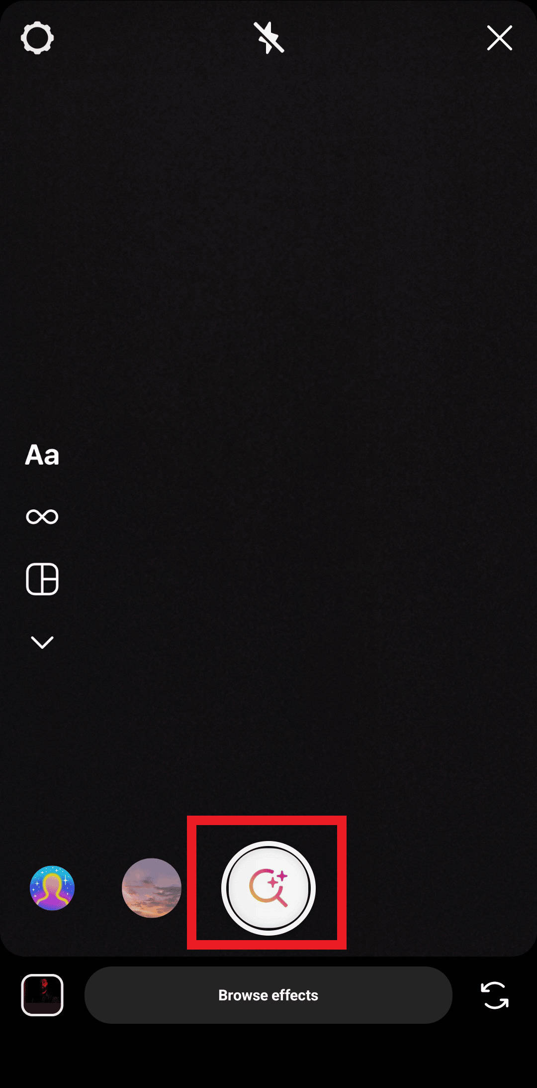 Go to your story section and swipe through all the filters to find the magnifying glass icon on Instagram | yellow teeth filter without TikTok