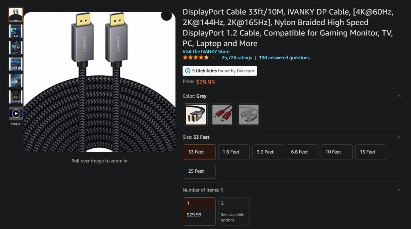 Ivanky DisplayPort cable on Amazon. 15 Best DisplayPort Cables for Gaming