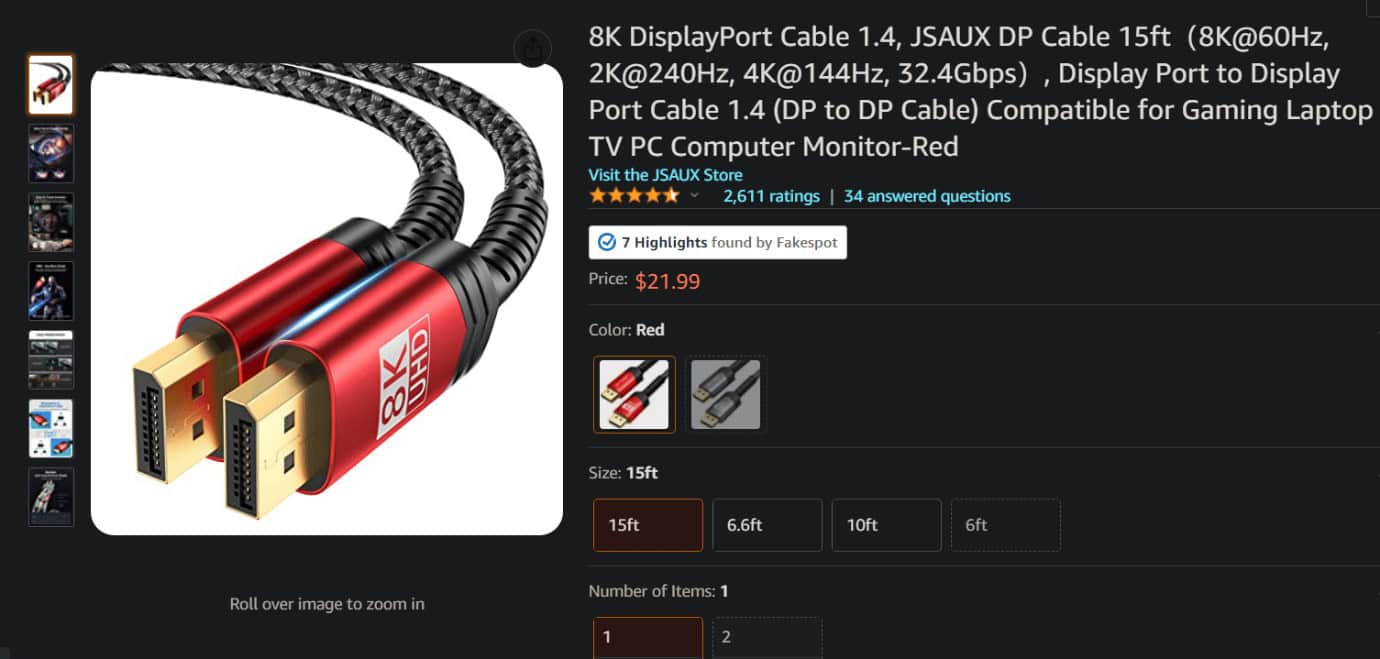 JSAUX DisplayPort cable on Amazon