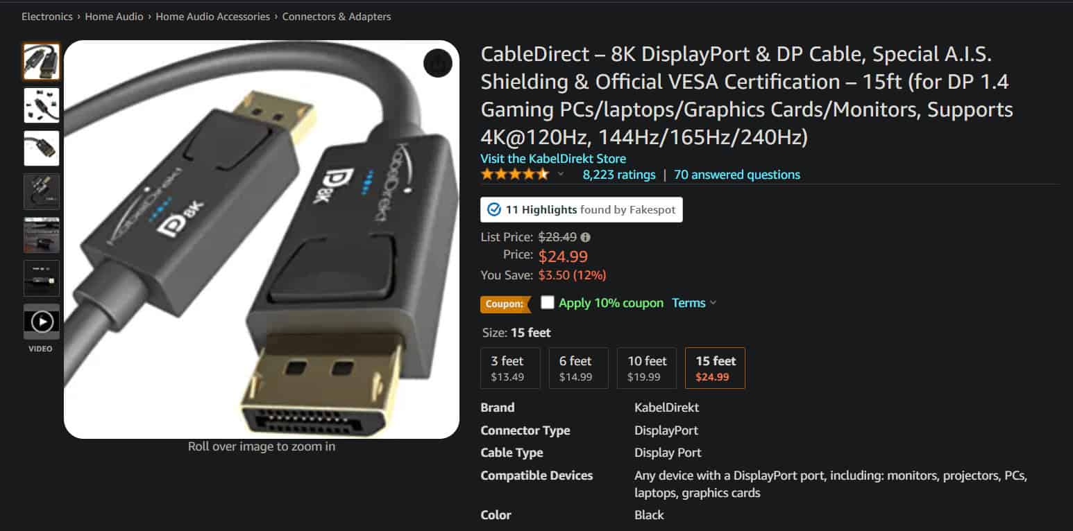 Kabeldirect DisplayPort cable on Amazon
