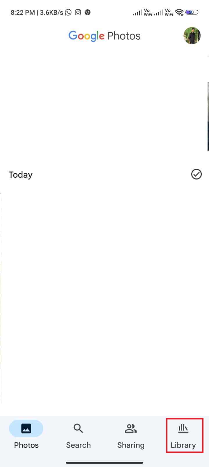 Launch the Google Photos app on your device and go to the Library