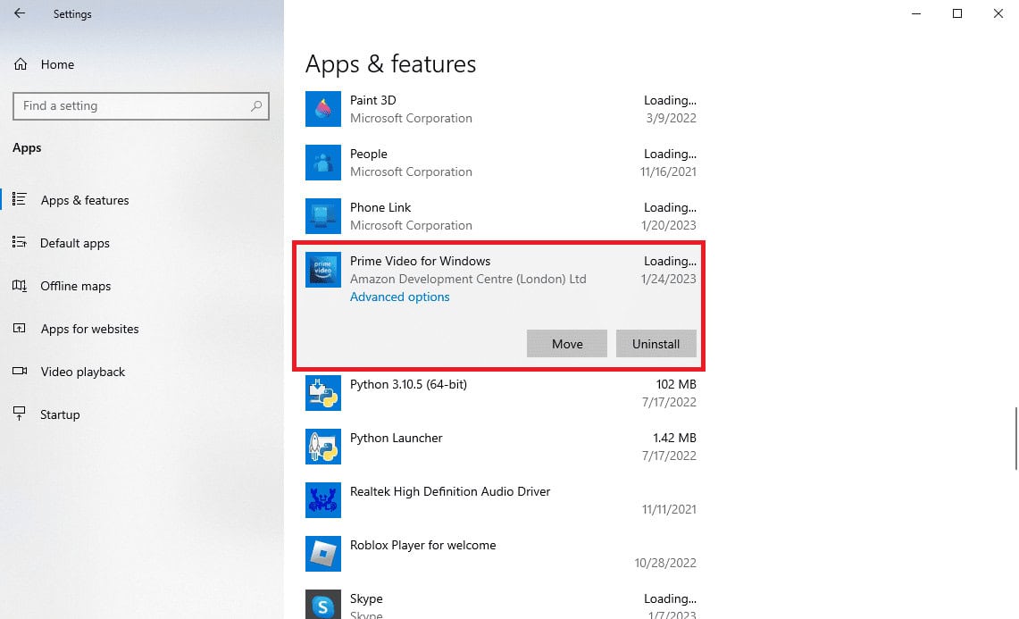 Locate and select Prime Video for Windows
