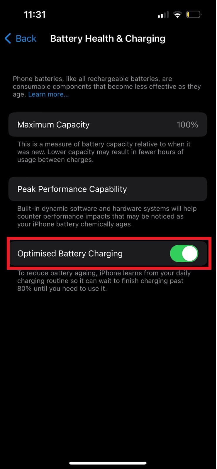 Locate the Optimized Battery Charging toggle and turn it off.
