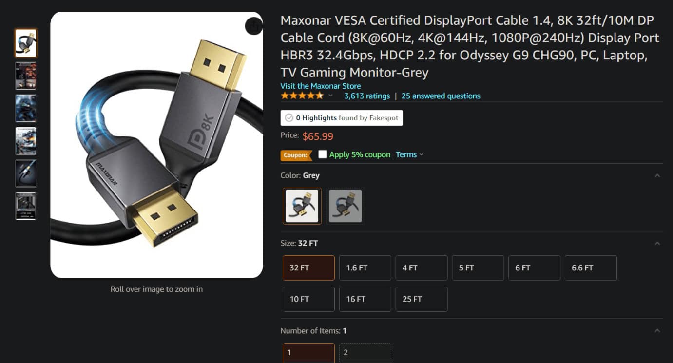 Maxonar DisplayPort cable on Amazon