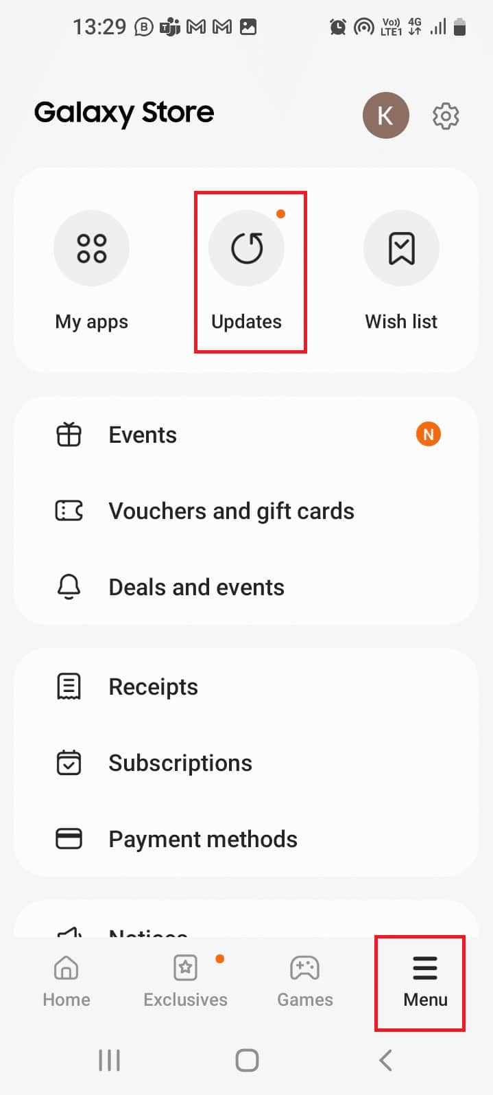 Move to the Menu tab at the bottom and tap on the Updates option
